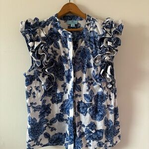 CeCe Blue and White 100% Cotton Sleeveless Floral Ruffle Blouse Size Large